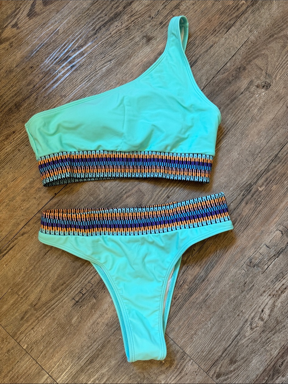 SHEIN Mint One-Shoulder Bikini Set with Multicolor Elastic Waistband